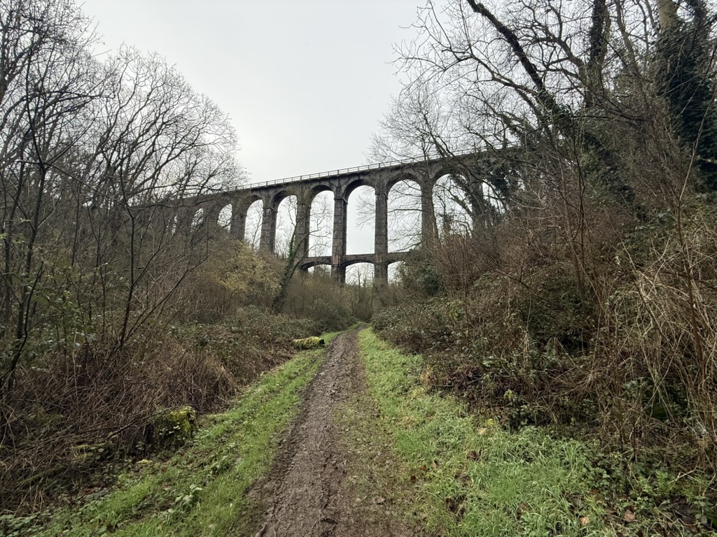 Photo originale du viaduc, au-dessus d’un sentier boueux entre deux versants boisés en hiver.